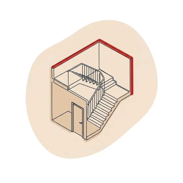 Cage d’escalier fermée en axonométrie, mise en évidence