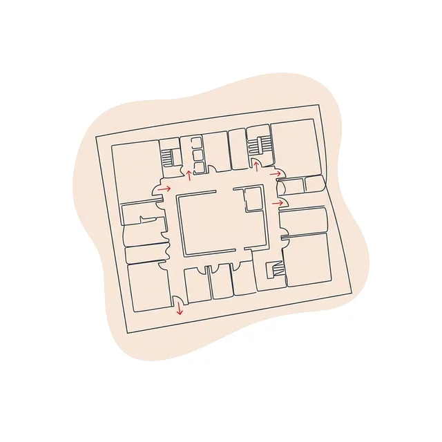 Plan de bâtiment vu de dessus avec des flèches d’évacuation mises en évidence